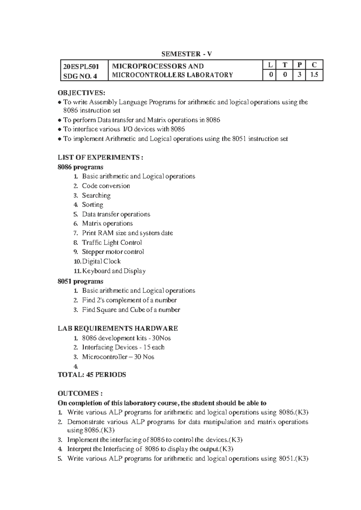 MPMC Lab Syllabus - SEMESTER - V 20ESPL SDG NO. 4 MICROPROCESSORS AND ...