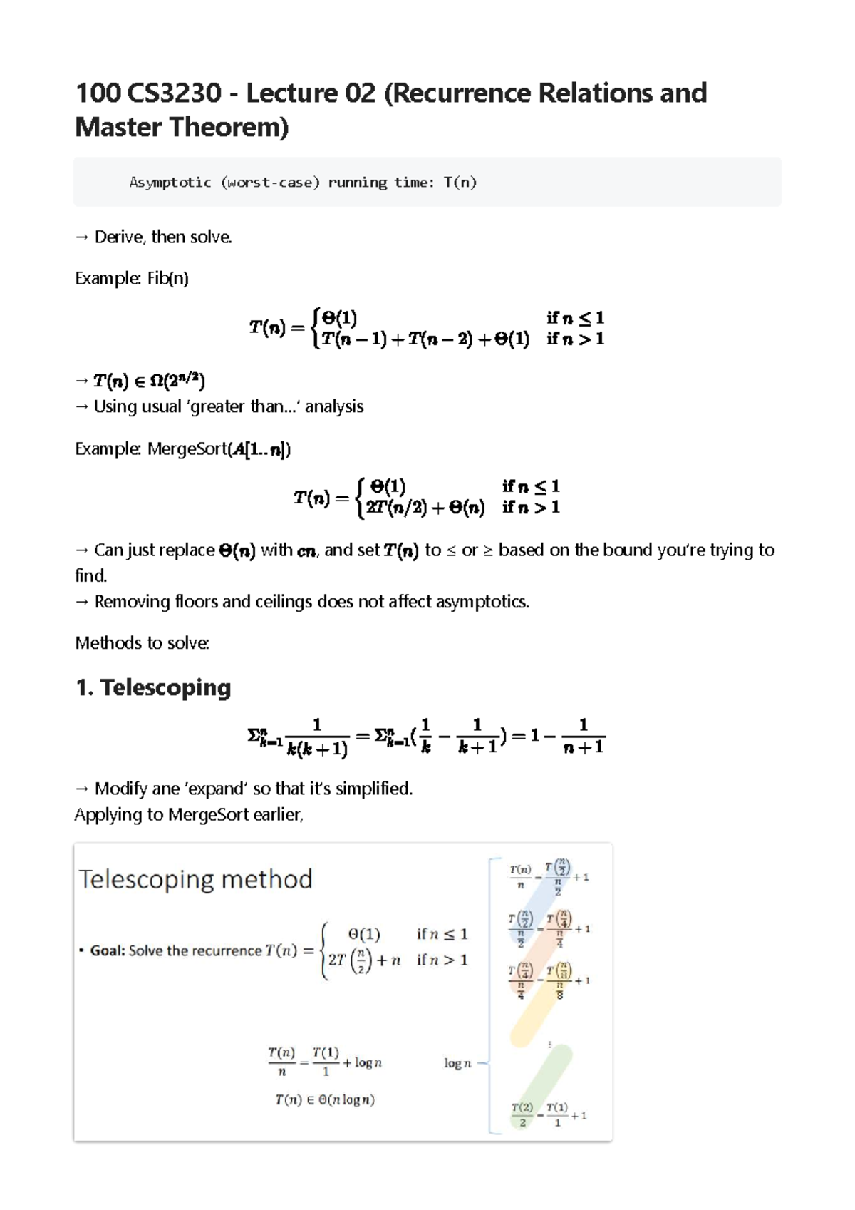 100 CS3230 - Lecture 02: Recurrence Relations & Master Theorem - Studocu