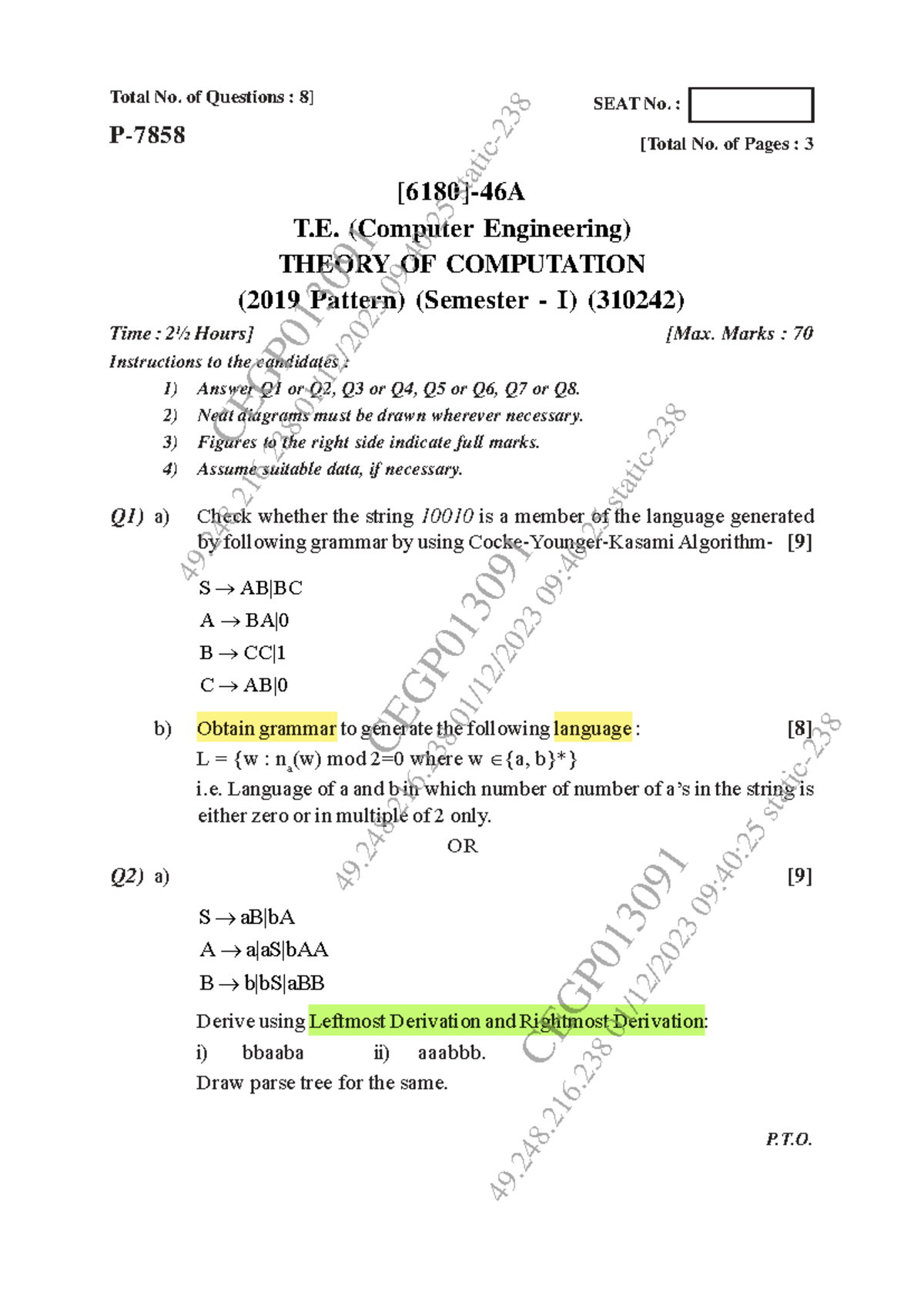 Theory of Computation - Question Paper (310242) - Nov Dec 2023 - Studocu