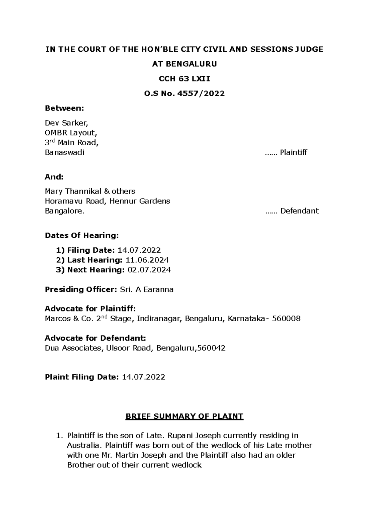 Moot Court - Civil Trial Report: Dev Sarker vs. Mary Thannikal CCH 63 ...