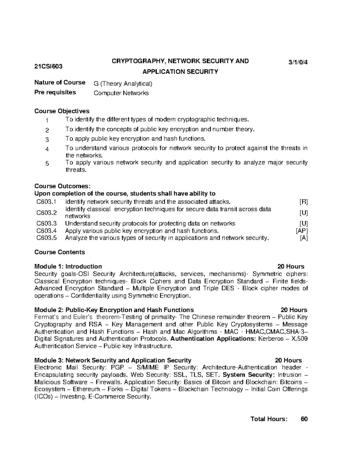 CNS C60 3 Cryptography & Network Security Syllabus Overview - Studocu