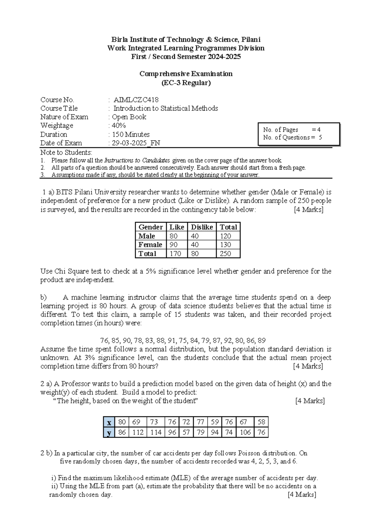 ISM AIML Compre Regular Exam: Statistical Methods & Analysis - Studocu