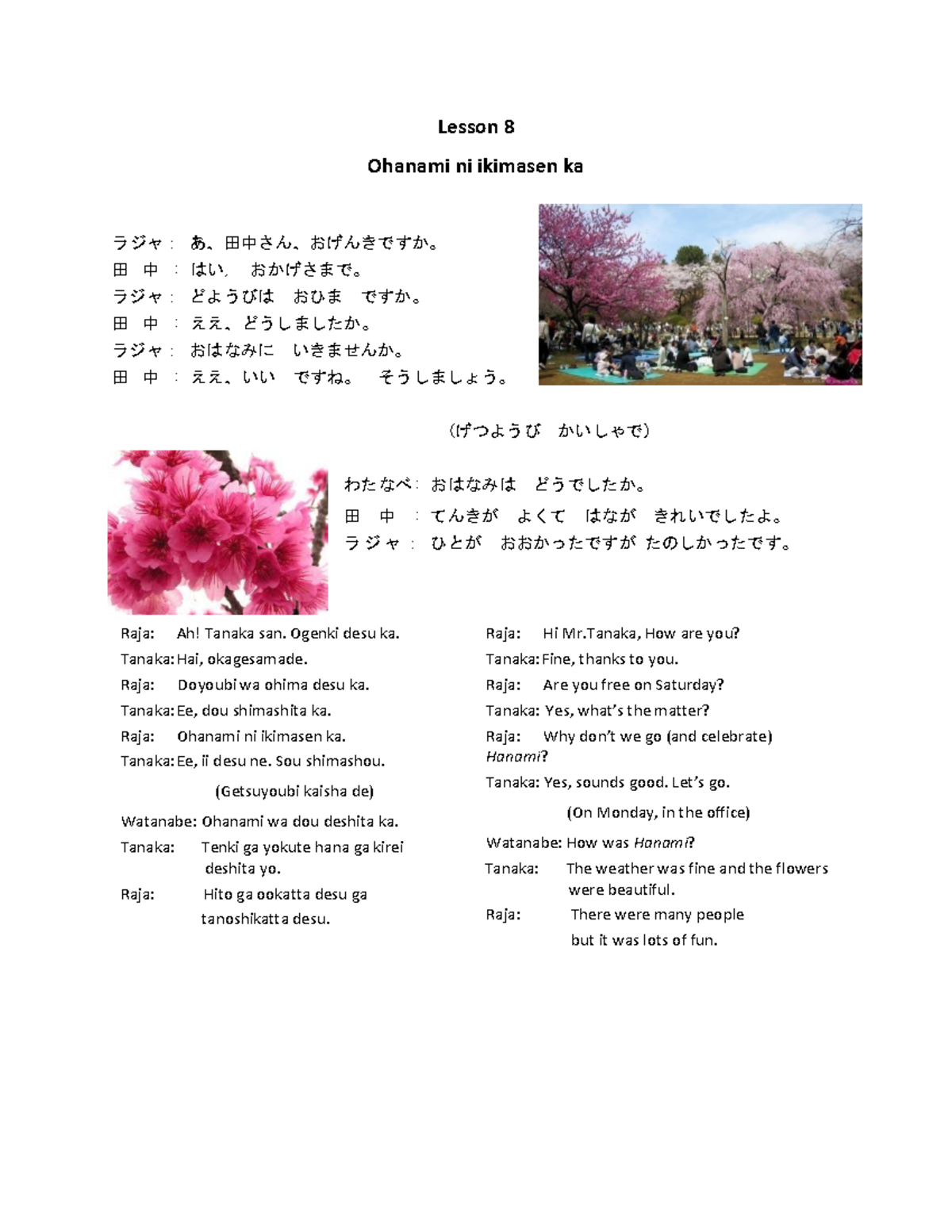 Japanese Lesson 8: Ohanami Conversation and Grammar Notes - Studocu
