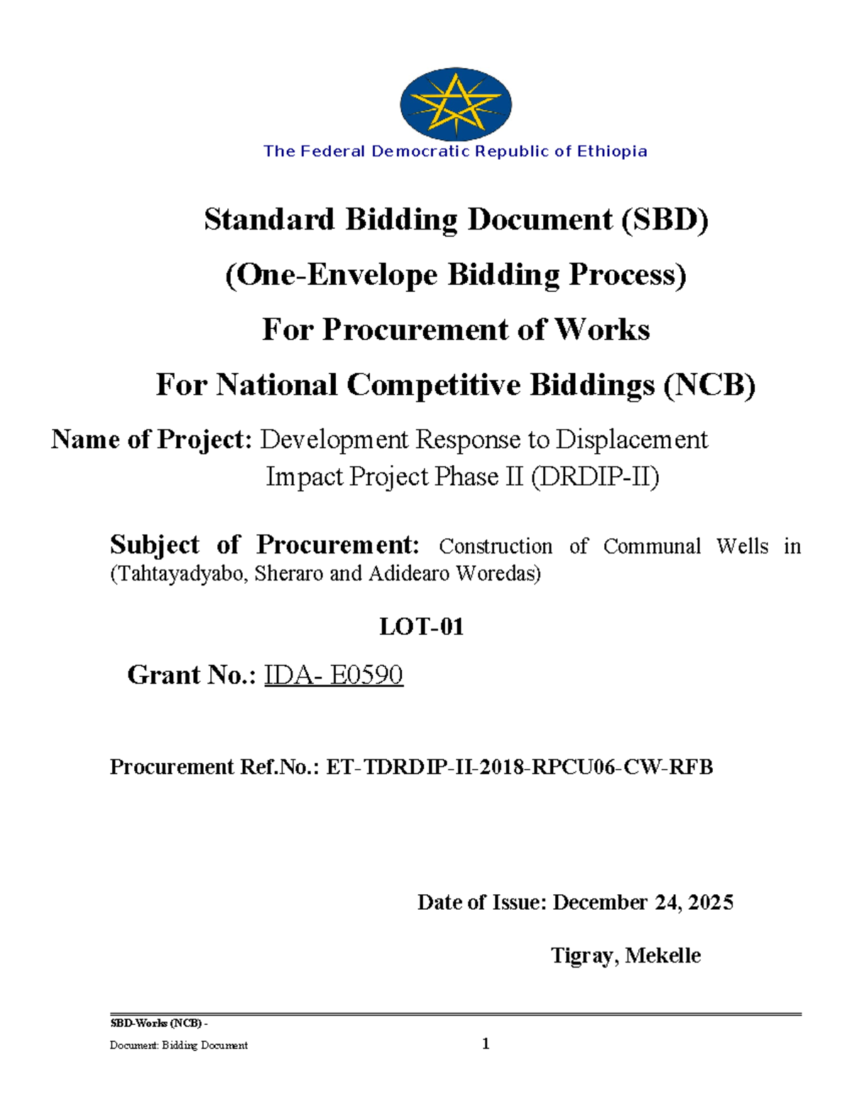 Ethiopia NCB SBD for Construction of Communal Wells - Project Phase II ...