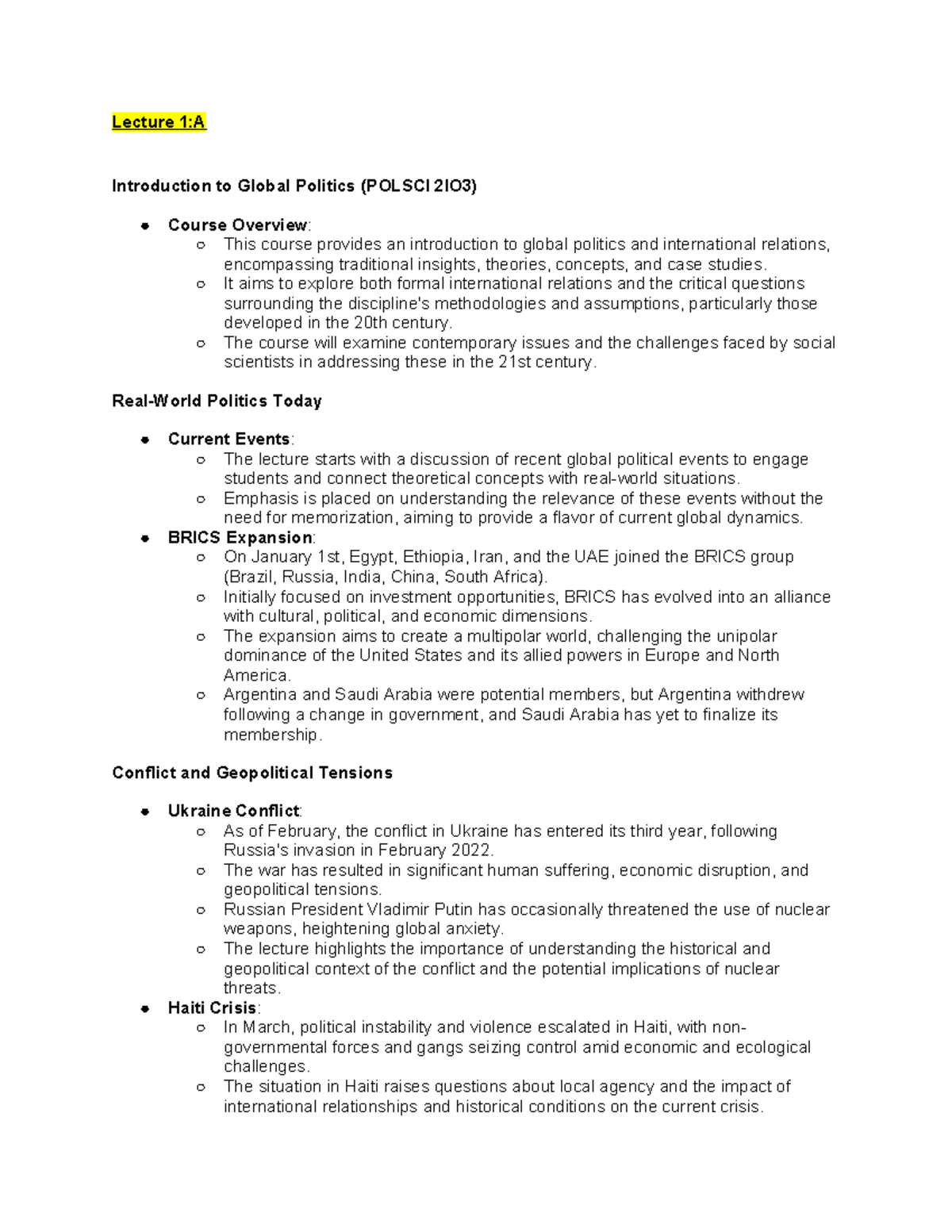 Polsci 2I03 Midterm Study Notes: Global Politics & Key Theories - Studocu