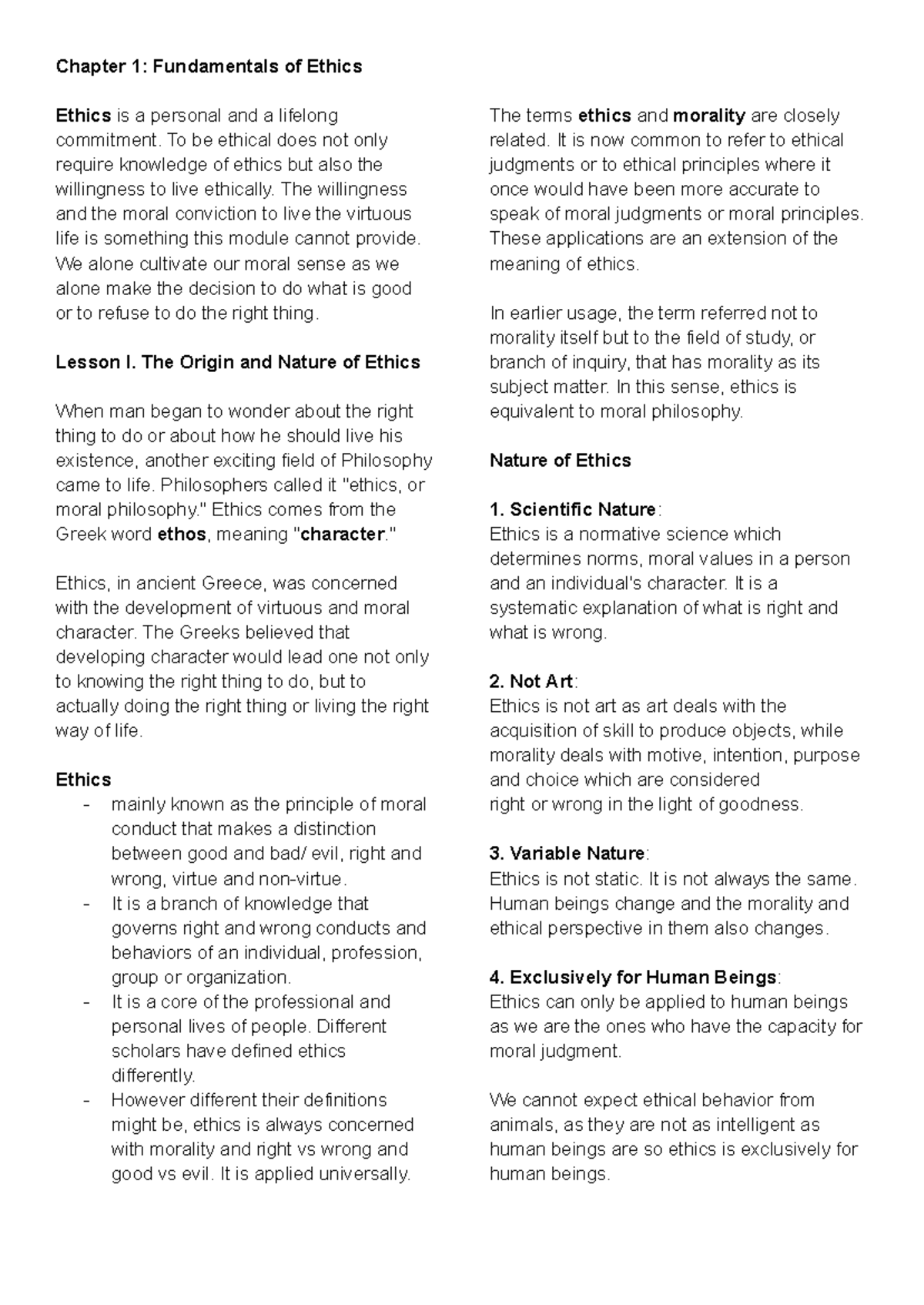 Ethics 1 - Chapter 1 - Chapter 1: Fundamentals of Ethics Ethics is a ...