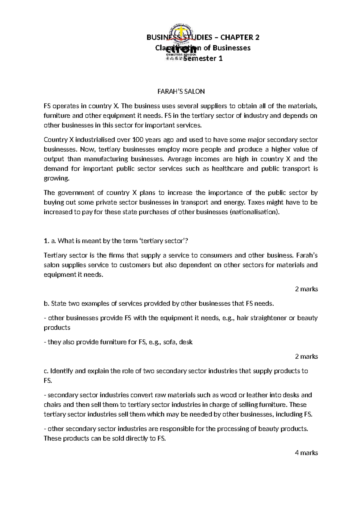 G9 Business Studies Chapter 2: Classification of Businesses Notes - Studocu
