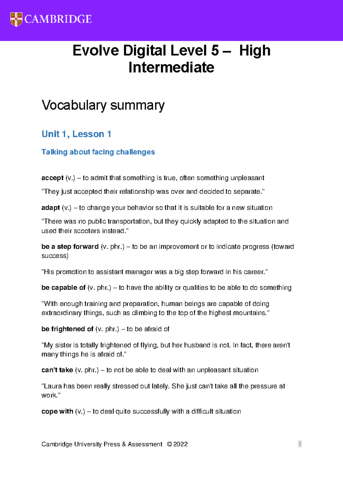 Evolve Digital Level 5 High Intermediate Vocabulary Summary - Unit 1 ...