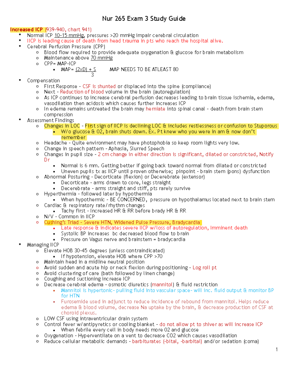 Nur 265 Exam 3 Study Guide: Increased ICP & Brain Trauma Insights - Studocu