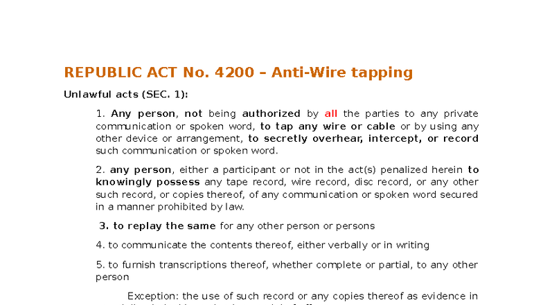 Anti-Wiretapping Act (Republic Act No. 4200) Overview - Studocu