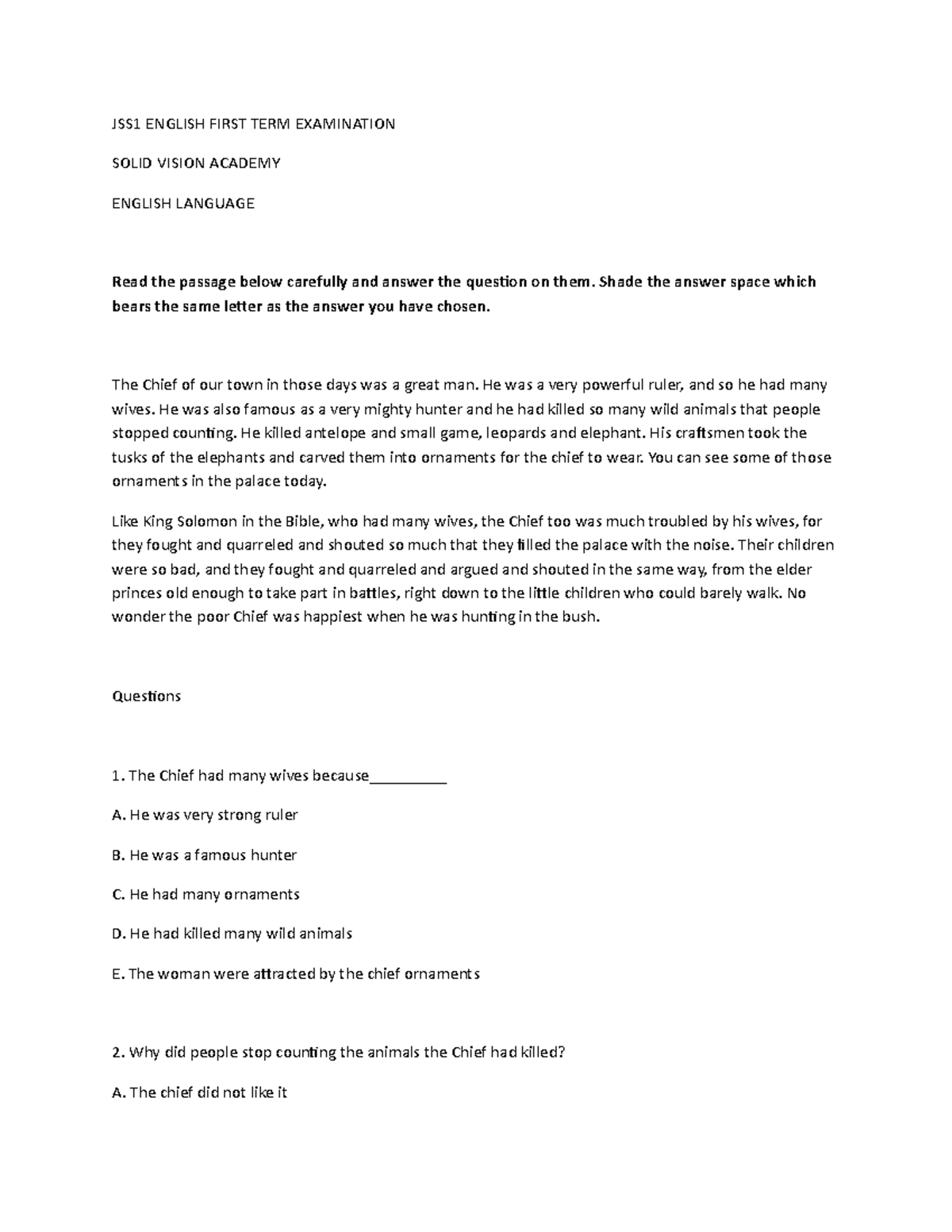 JSS1 English First Term Exam Questions and Essay Topics - Studocu