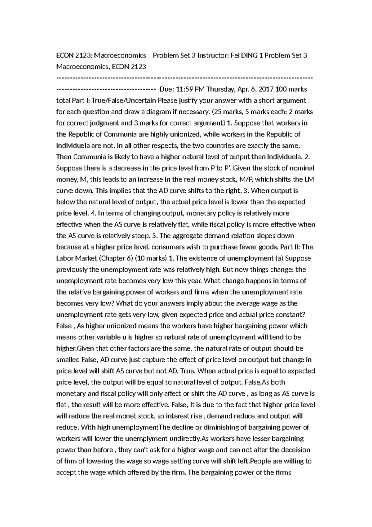 ECON 2123: Macroeconomics Problem Set 3 - Detailed Solutions and ...