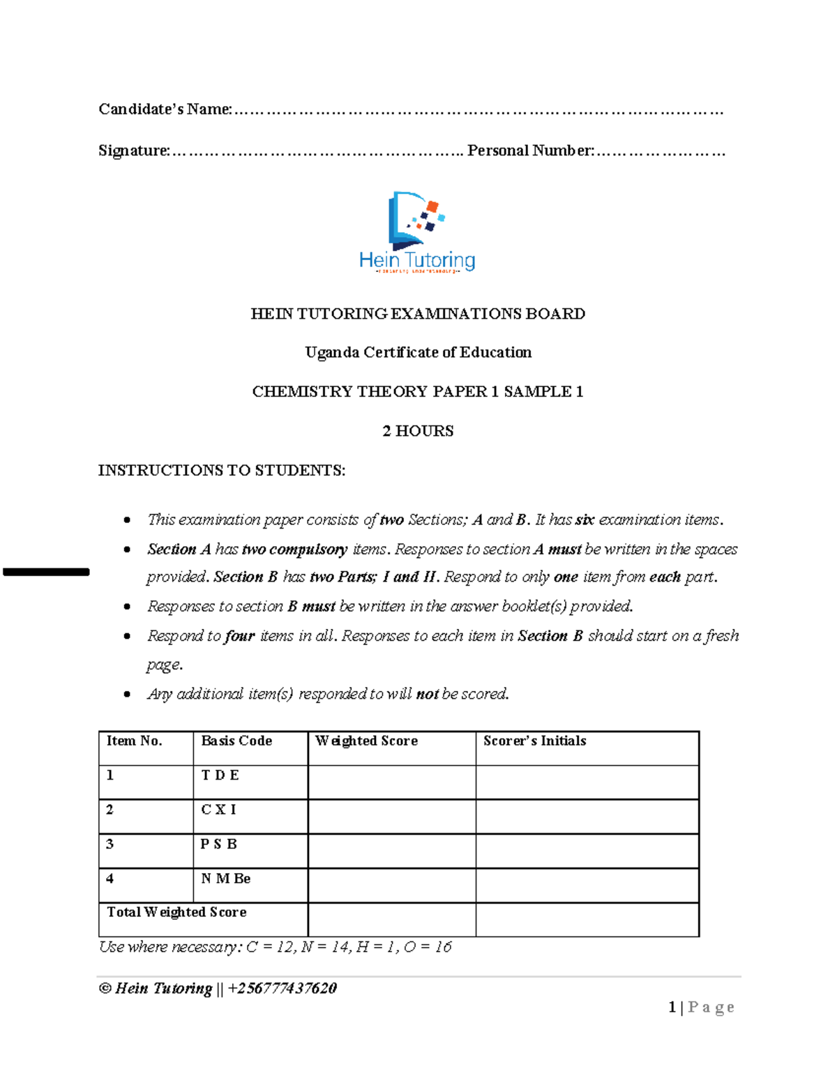 S4 UCE CHEMISTRY THEORY PAPER 1 SAMPLE EXAM 2026 - Studocu