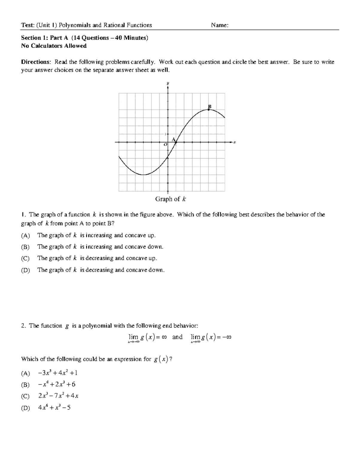 AP Precalculus Unit 1: MCQ on Polynomials & Rational Functions - Studocu