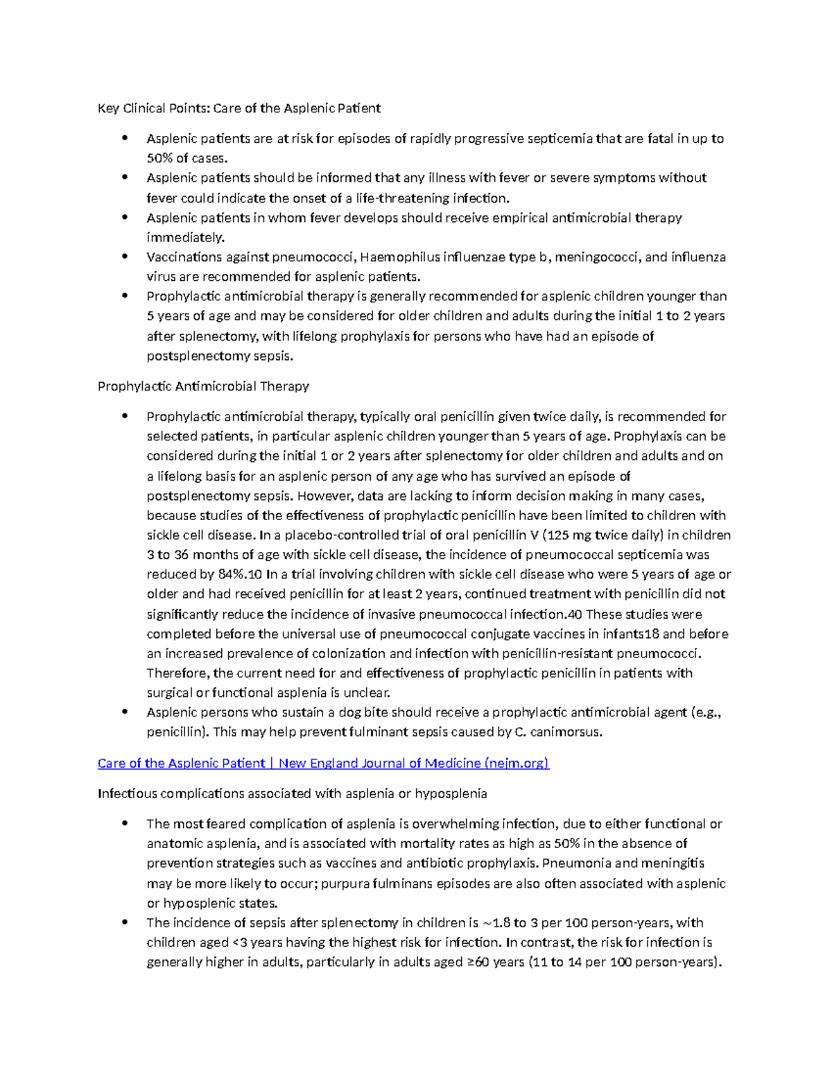 Key Clinical Points: Care of the Asplenic Patient (MED 101) - Studocu