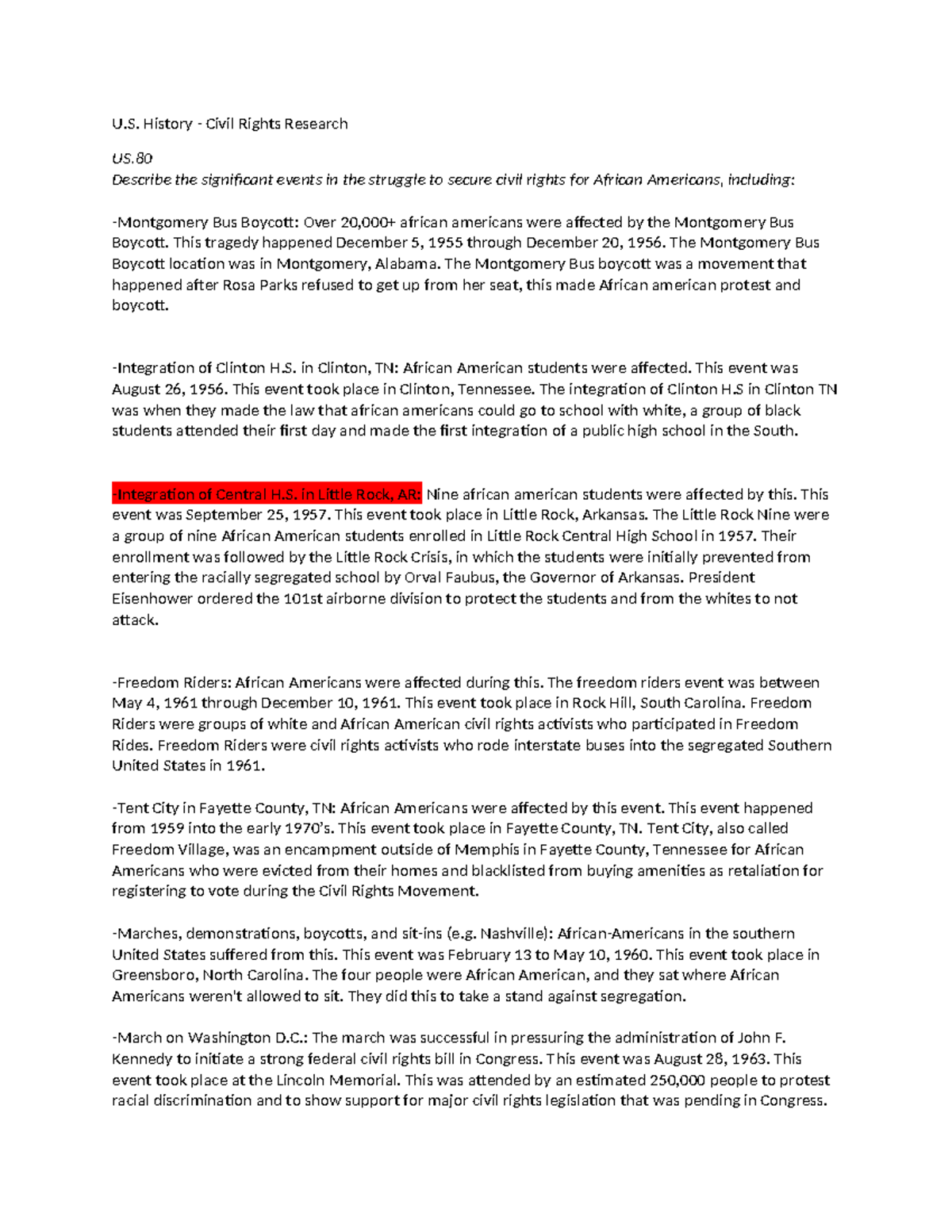 Civil Rights Milestones in U.S. History - US80 Research Notes - Studocu