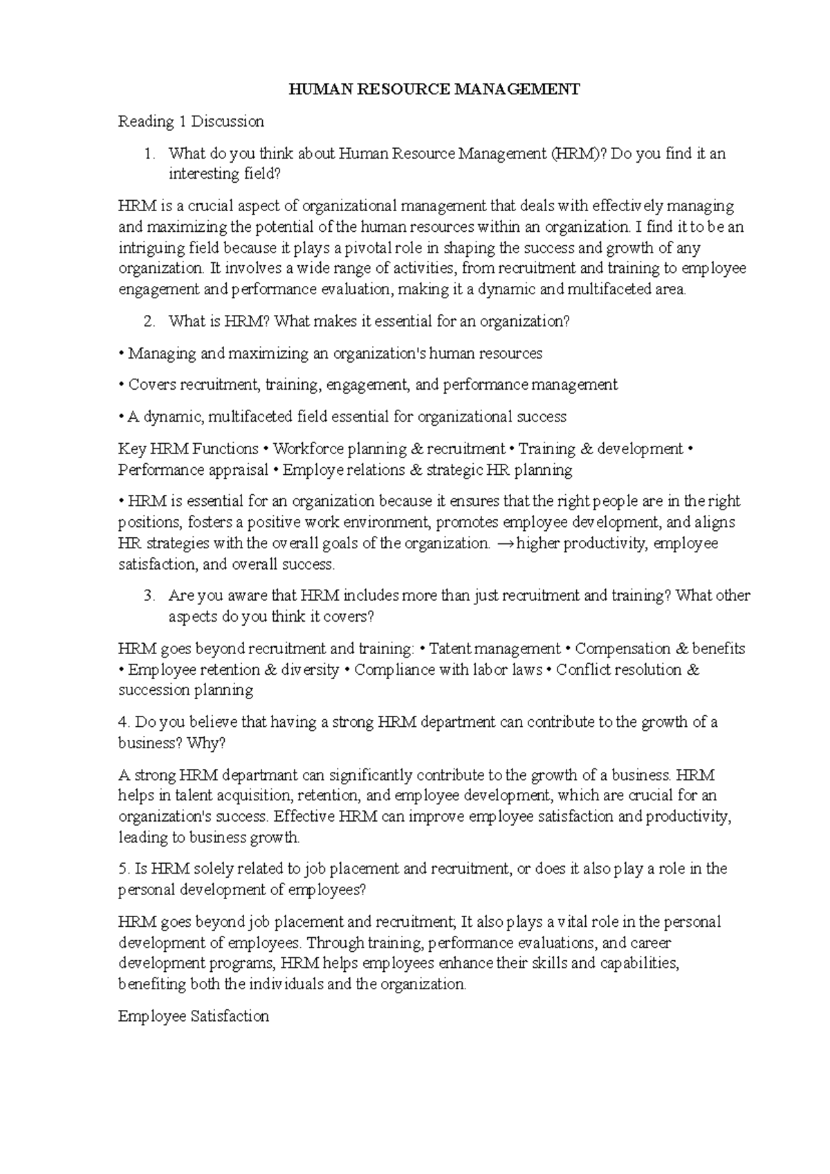 HUMAN RESOURCE MANAGEMENT (HRM) Reading 1: Key Concepts and Discussions ...