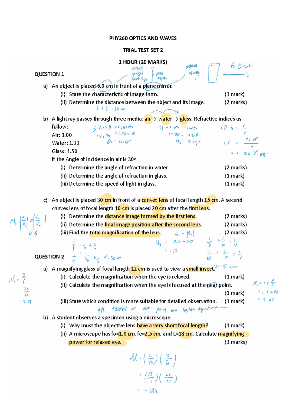 PHY260 Optics and Waves Trial Test Set 2 (1 Hour, 20 Marks) - Studocu