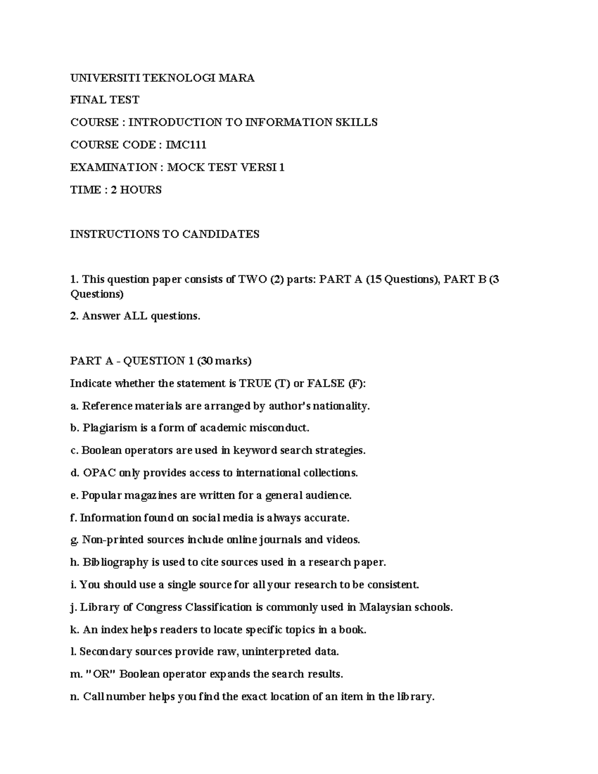 UITM Mock Test: Introduction to Information Skills (EXAM) - Studocu