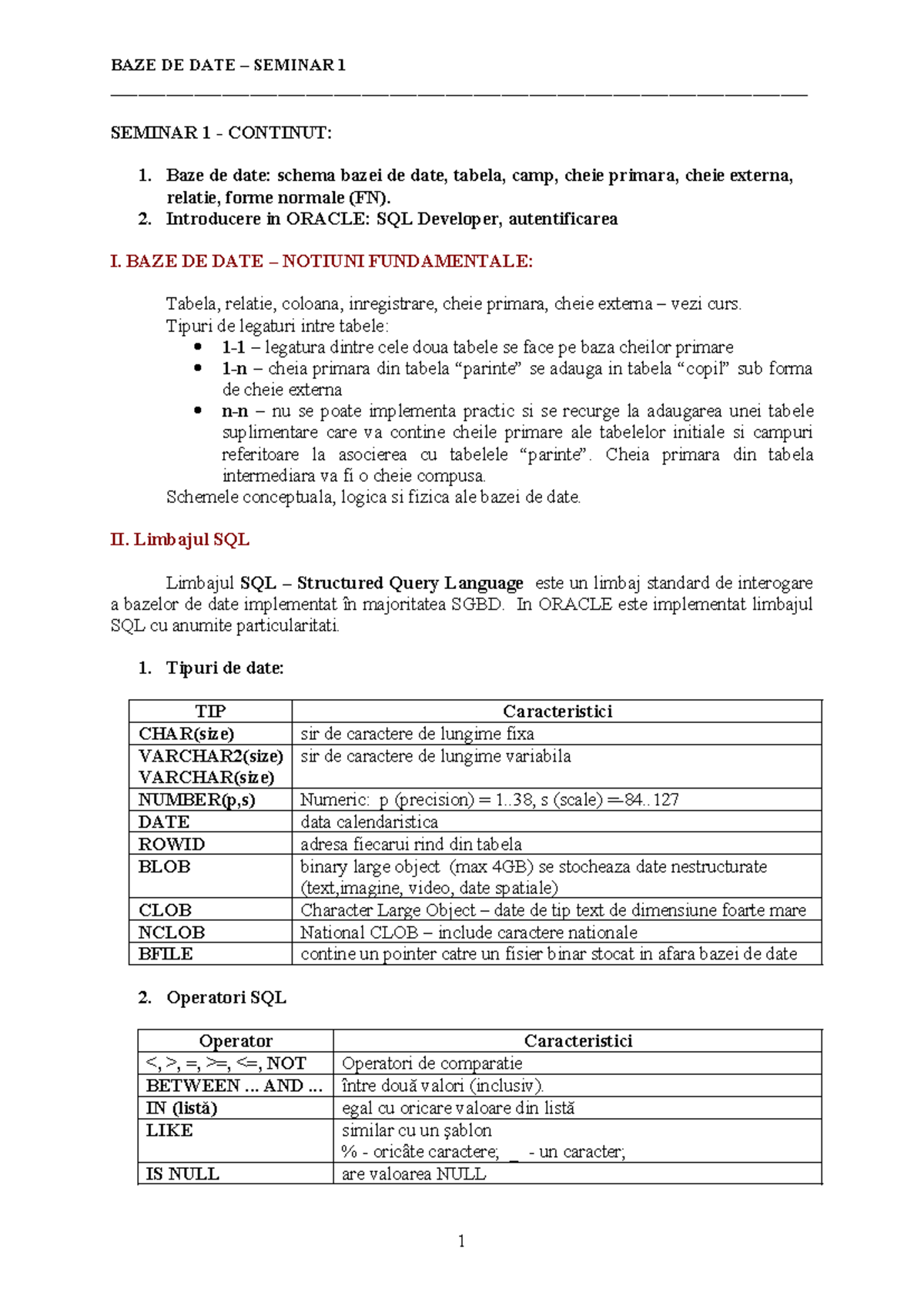 BAZE DE DATE SEMINAR 1: NOTIUNI FUNDAMENTALE SI SQL - Studocu