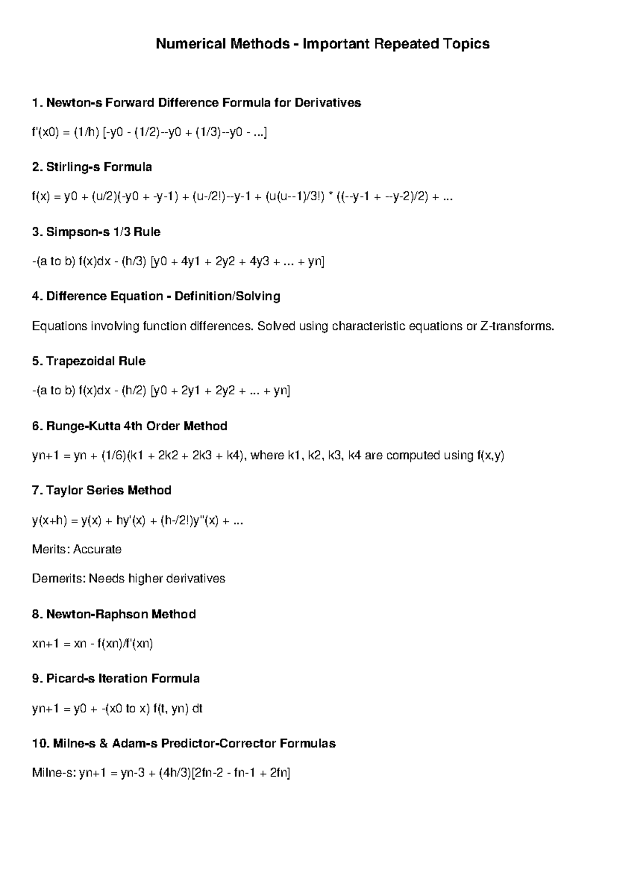 Numerical Methods Repeated Topics - Numerical Methods - Important ...