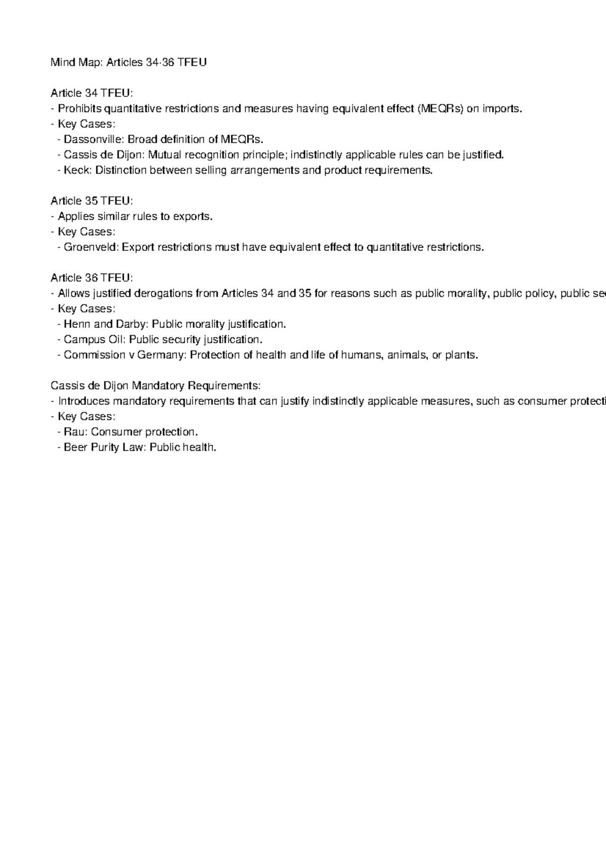 Mind Map: Articles 34-36 TFEU & Key Cases Overview for TFEU Course ...