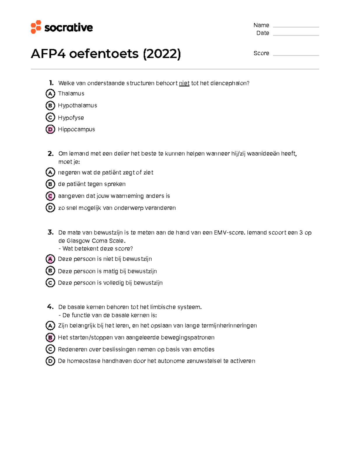 AFP4 Oefentoets: Neuroanatomie en Fysiologie (2022) - Studeersnel