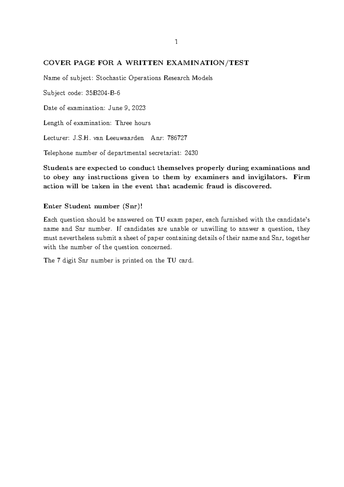 Stochastic Operations Research Models Exam (35B204-B-) - Solutions June ...
