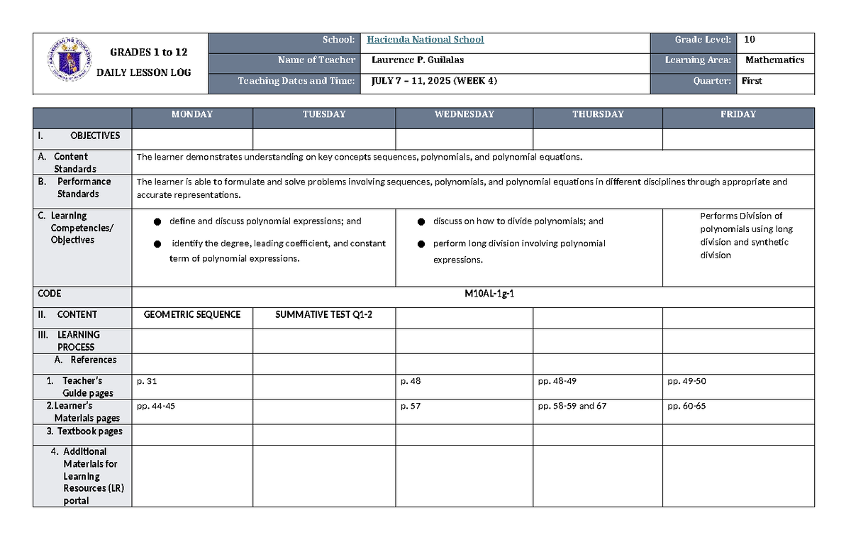 DLL Mathematics 10 Q1 W4: Polynomial Division Lesson Plan - Studocu