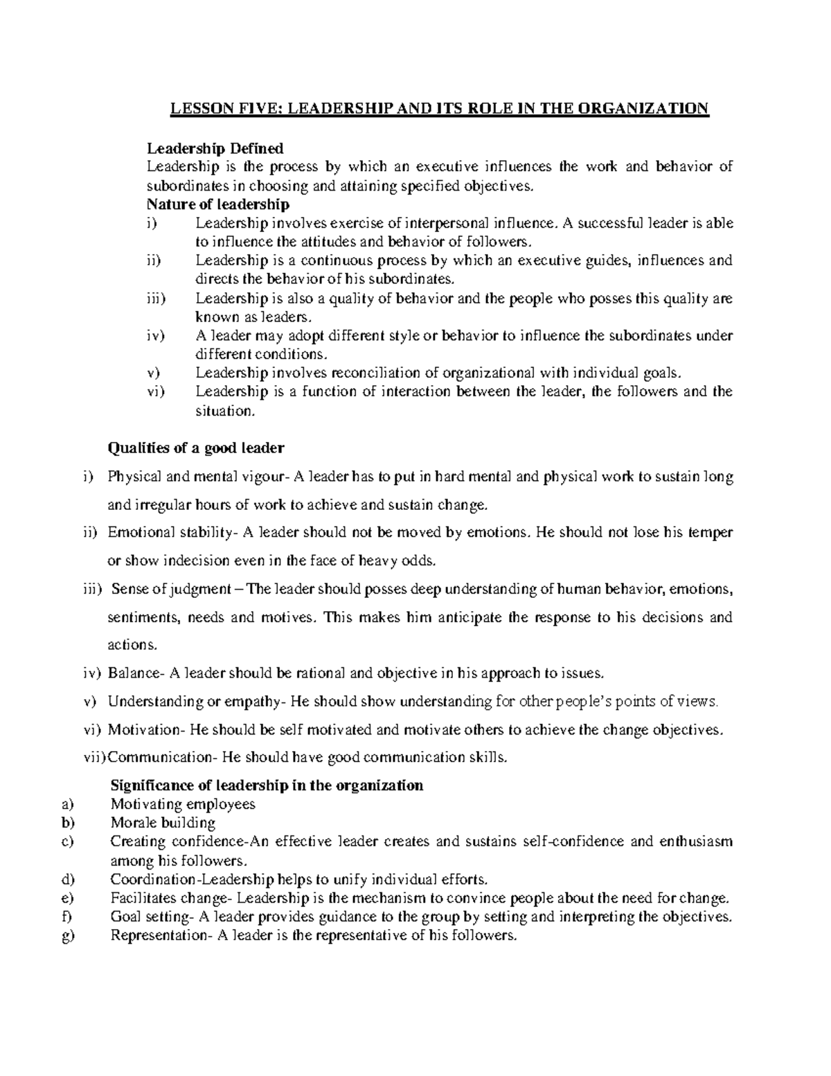 Leadership AND ITS Roles IN Organization - LESSON FIVE: LEADERSHIP AND ...