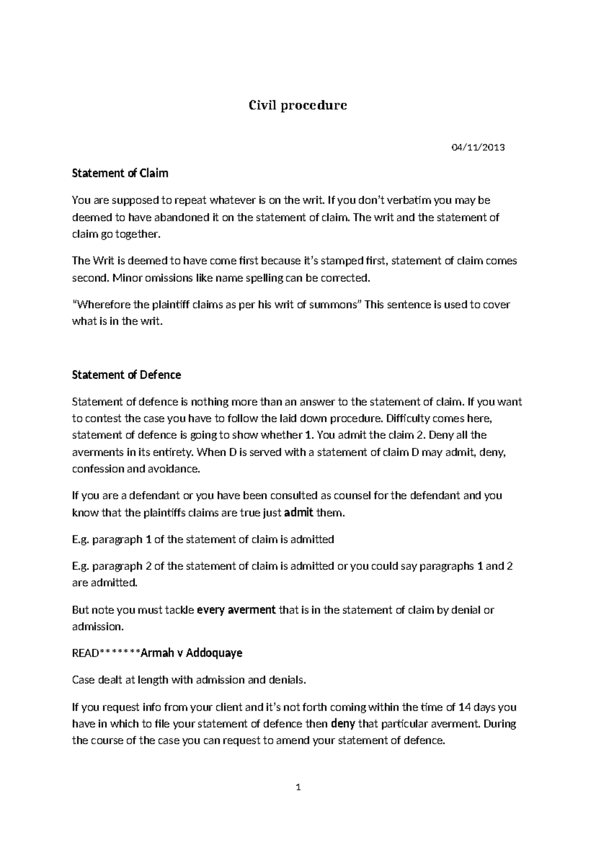 Civil Procedure Notes 2013: Statement of Claim & Defence Insights - Studocu