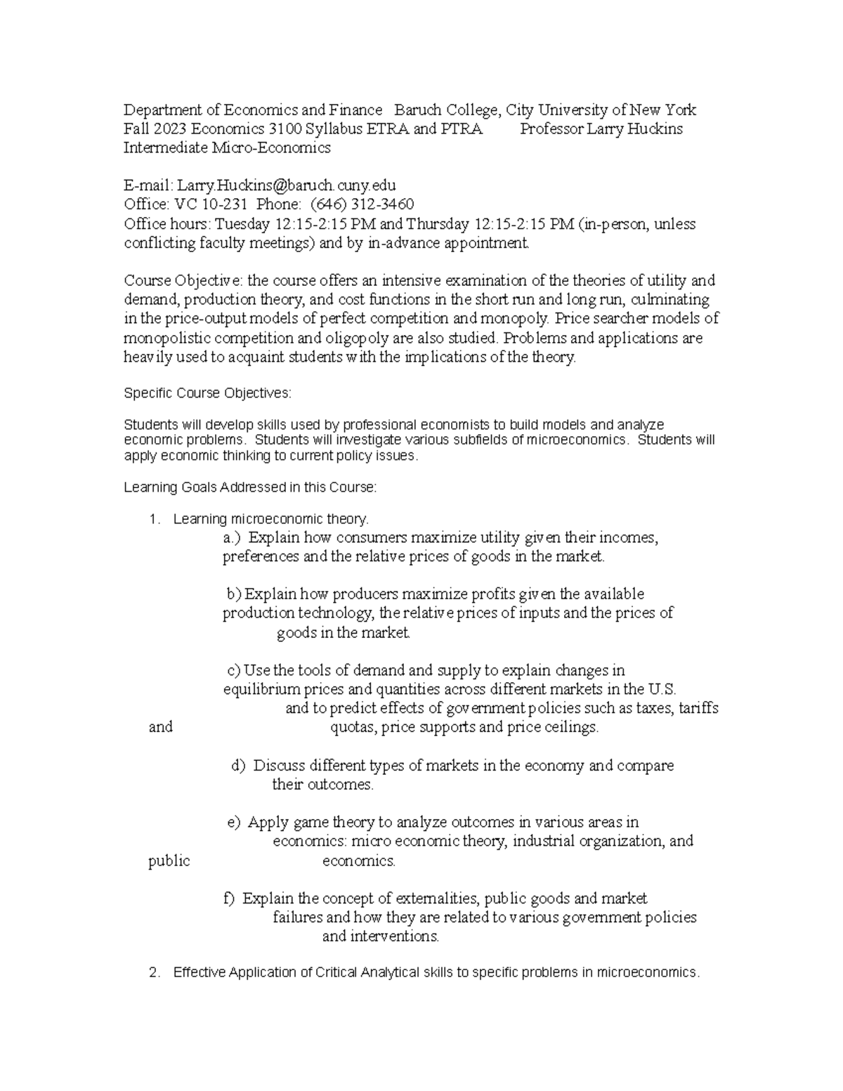 ECO 3100 Syllabus - Intermediate Microeconomics Fall 2023 - Studocu