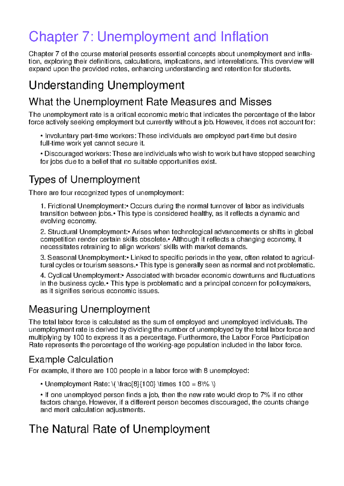 Chapter 7 notes unemployment and inflation - Chapter 7: Unemployment ...