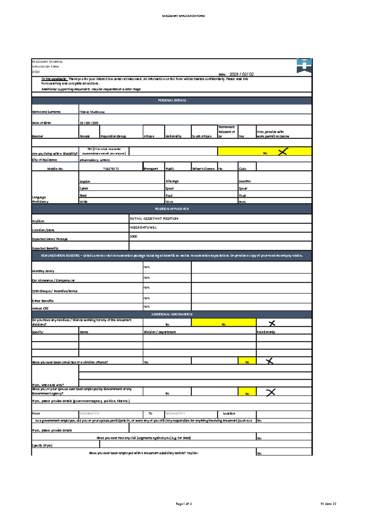 MASSMART External Application Form for Retail Assistant Position - Studocu