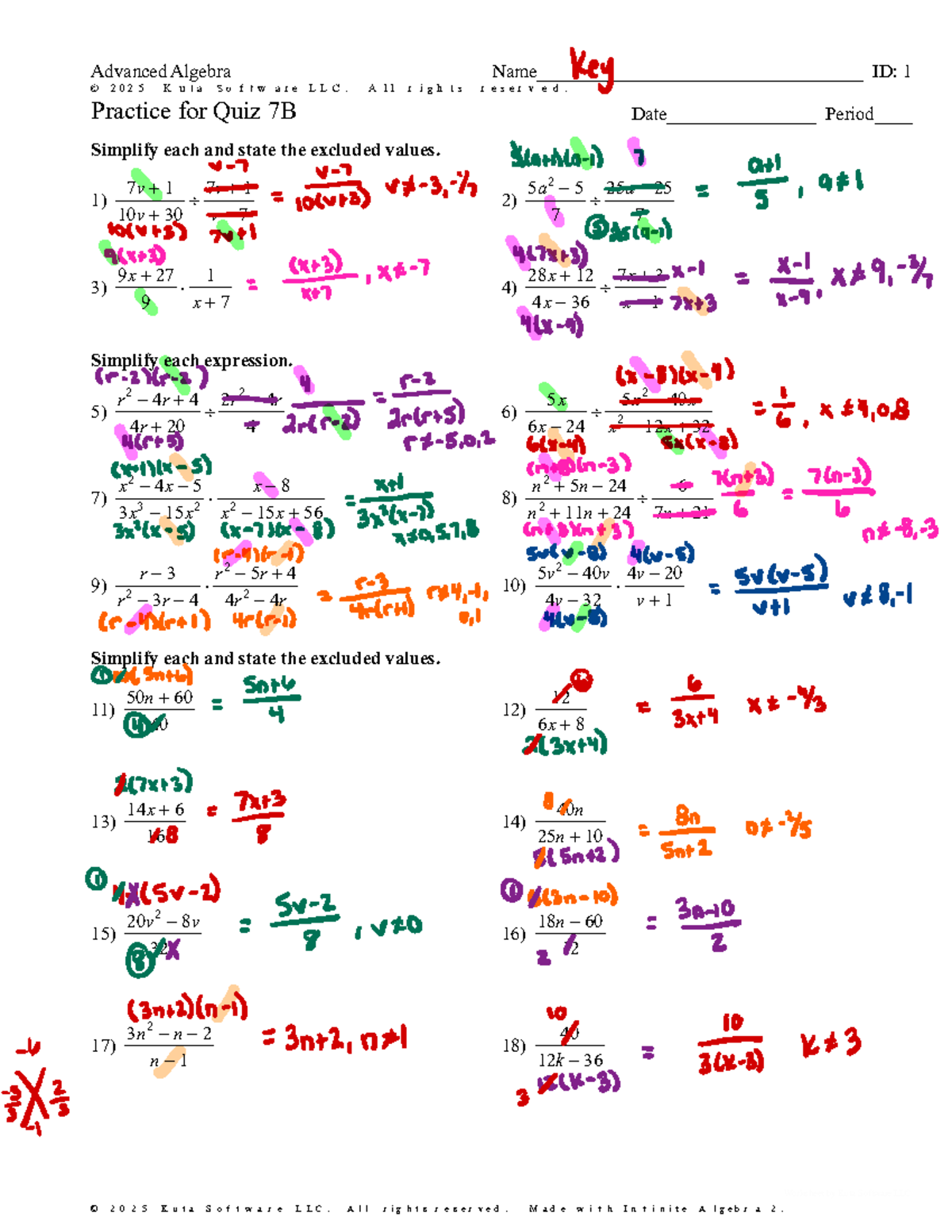 Advanced Algebra Key Practice for Quiz 7B: Simplification & Excluded ...