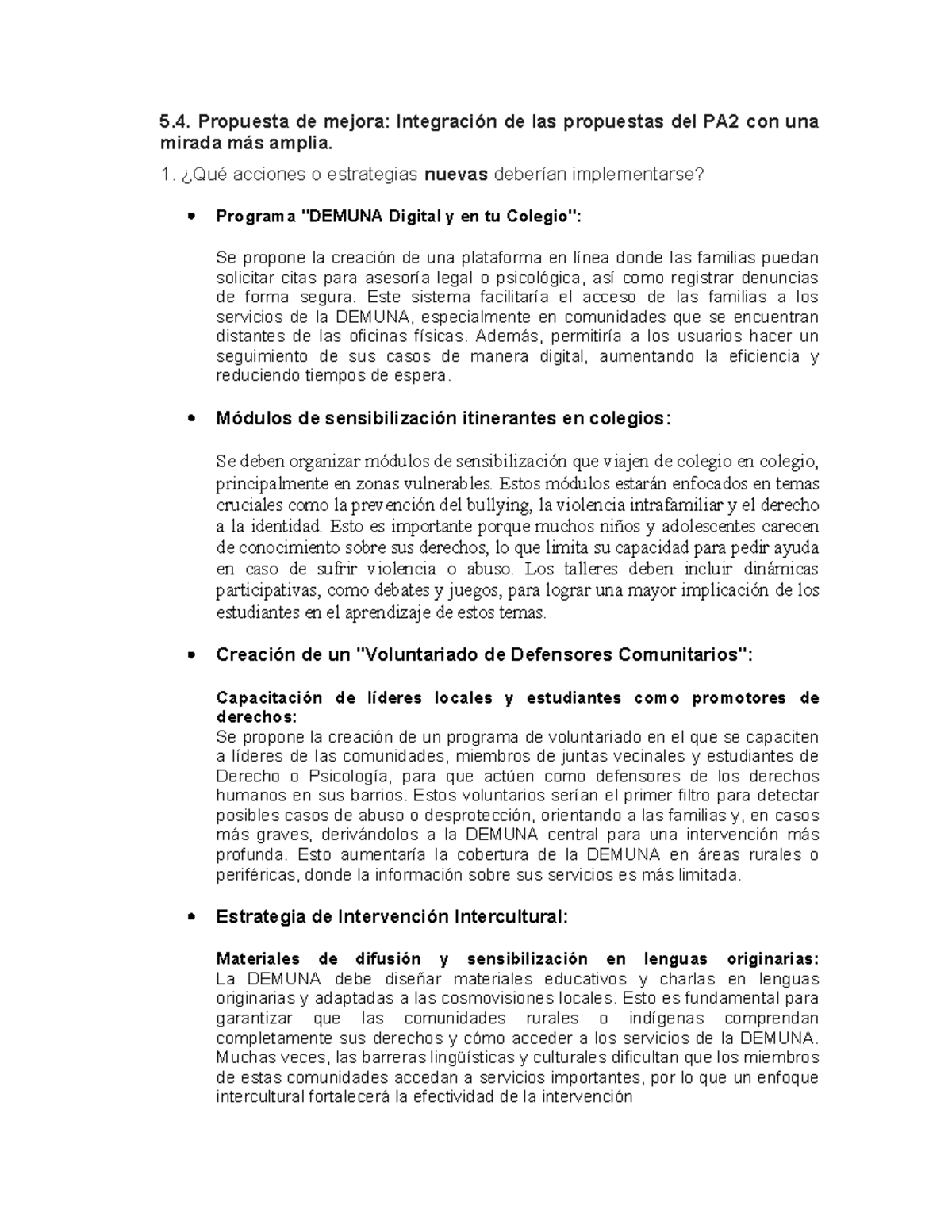 5.4. Propuesta de Mejora: Estrategias para la DEMUNA en el PA2 - Studocu