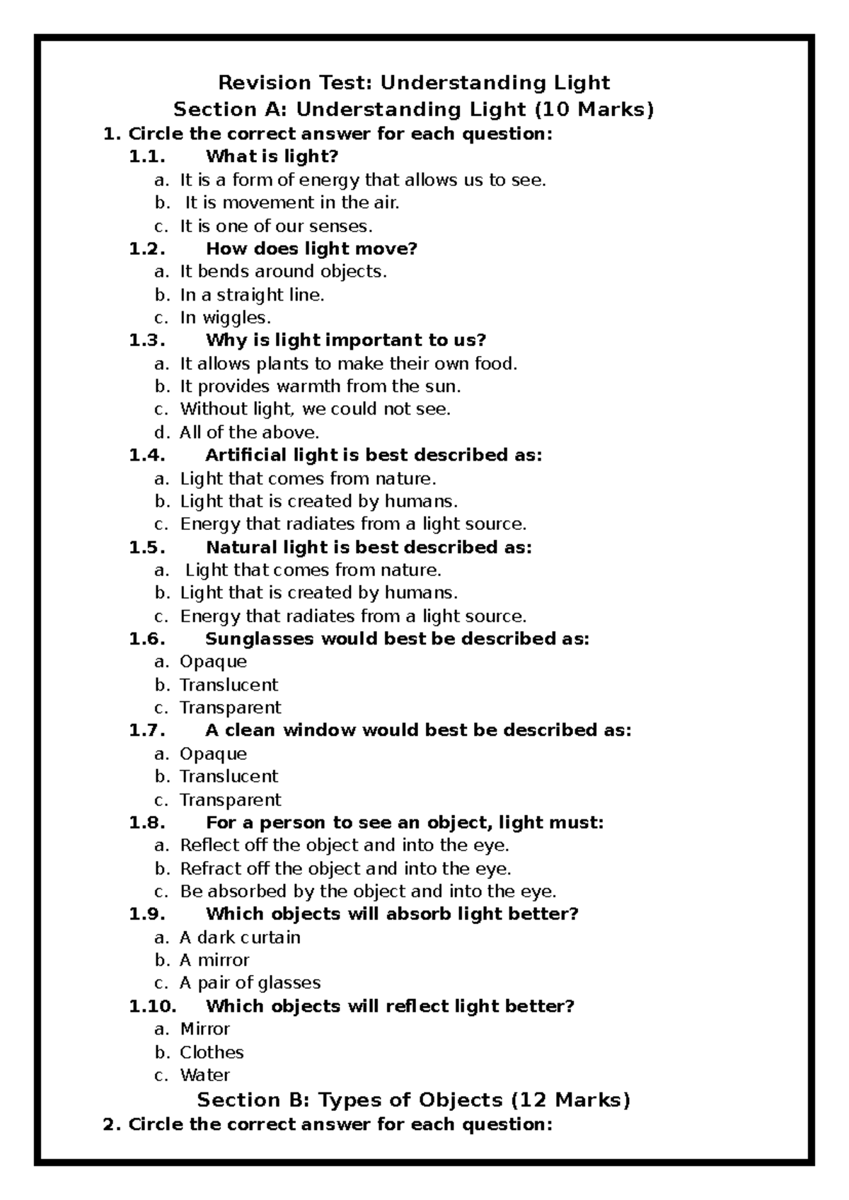 Revision Test: Understanding Light Concepts (Science 101) - Studocu
