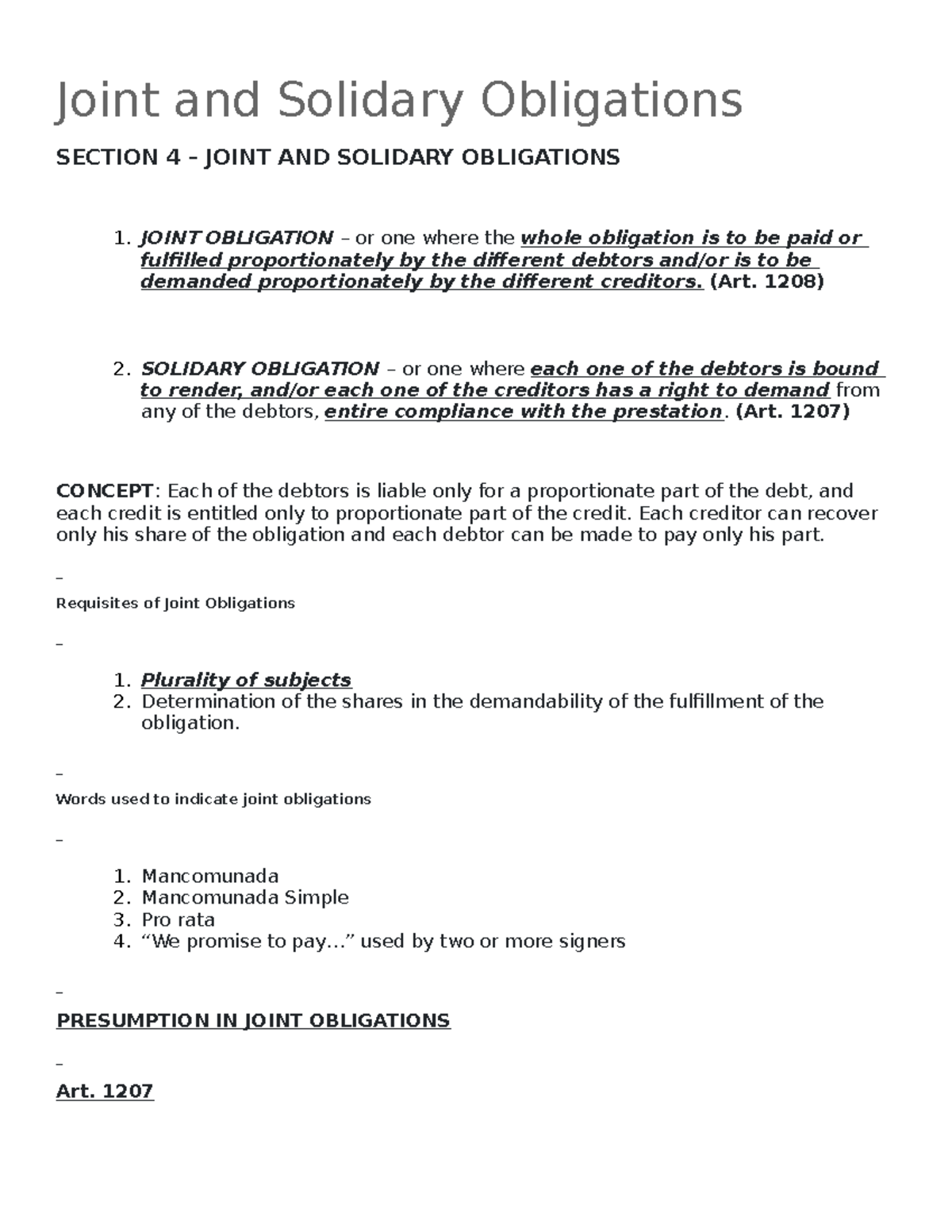 Joint and Solidarity Obligations: A Comprehensive Overview - Studocu