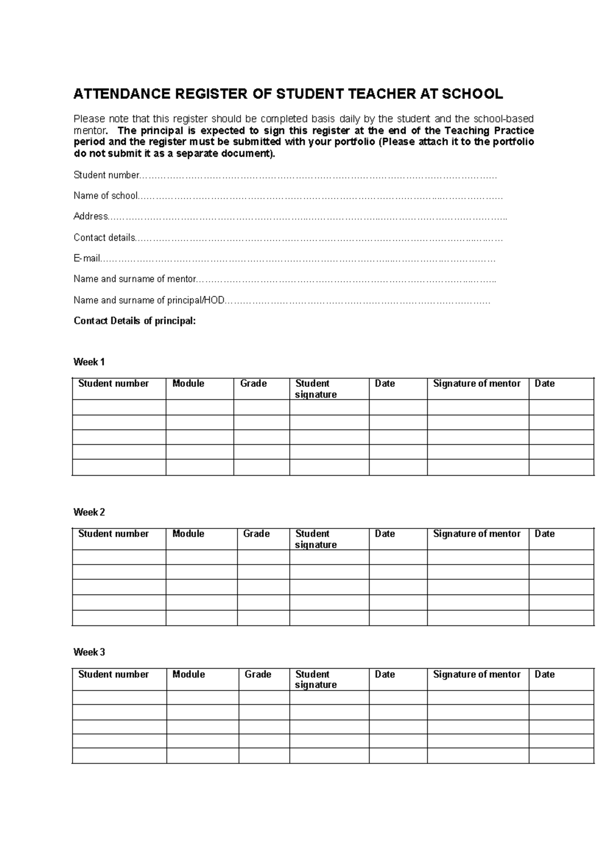 Attendance Register for Student Teacher - 1EB343F1C35A2AEDB - Studocu