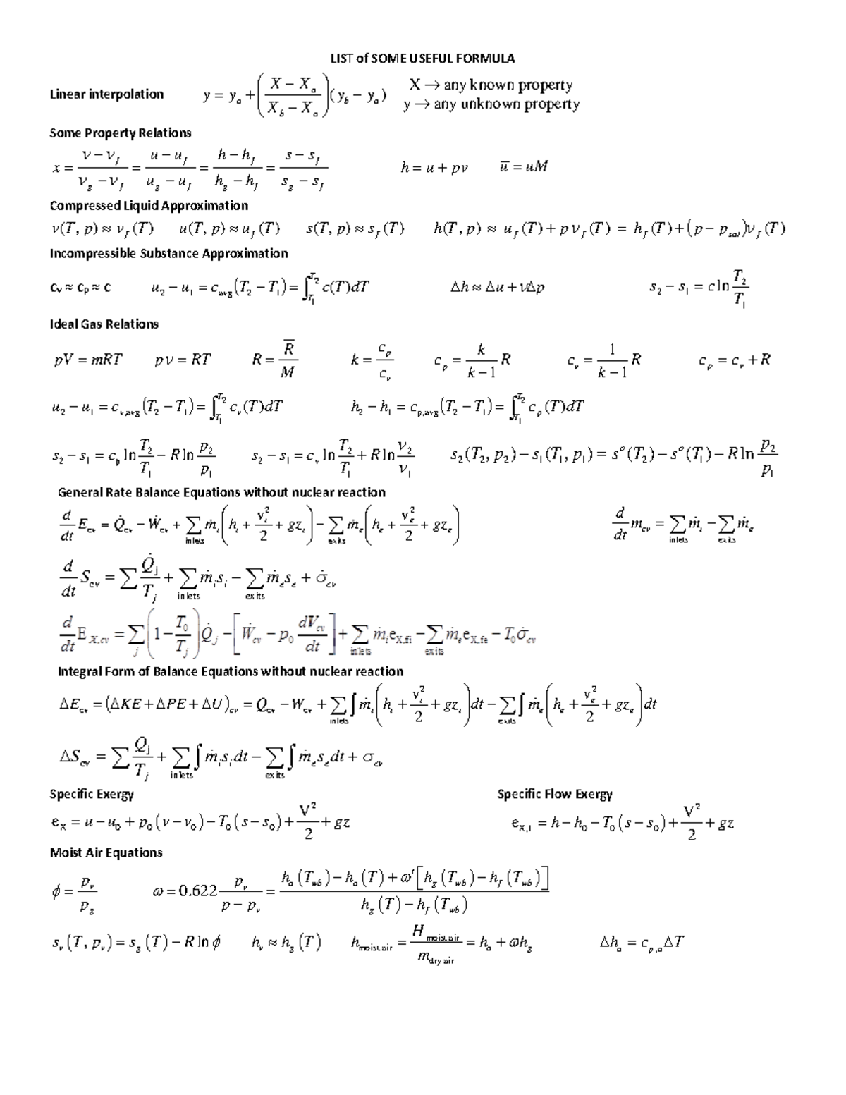 ME2380 Final equation sheet for useful formulas and relations - Studocu