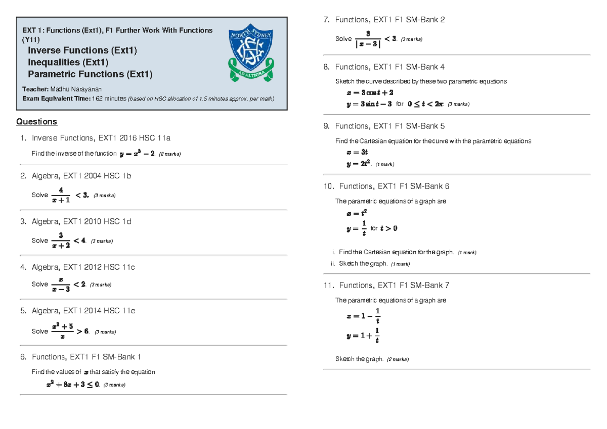Inequalities and Inverse Functions, EXT1 F1 2: Detailed Study Guide ...