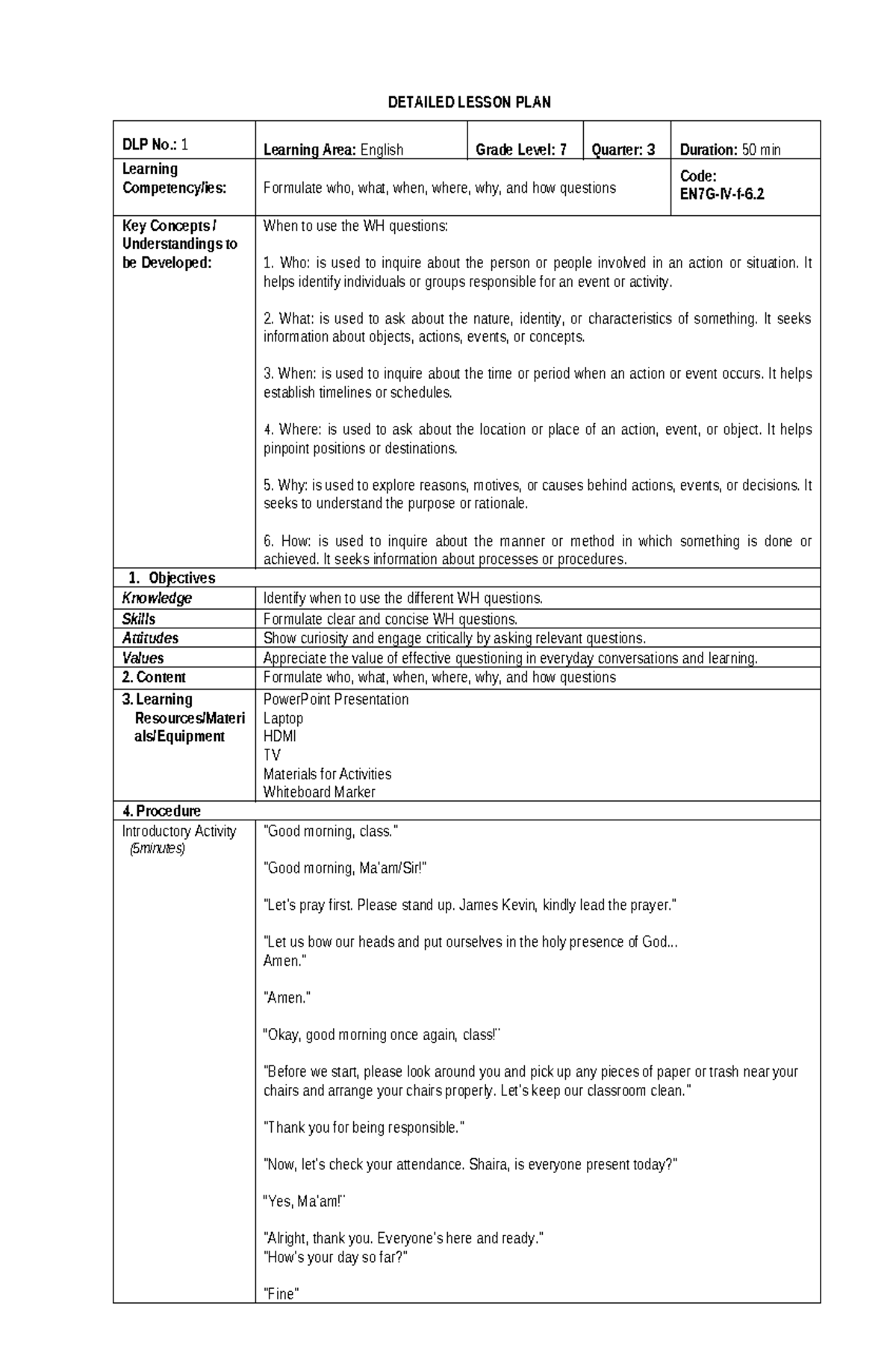 DLP No. 1: WH Questions Lesson Plan for Grade 7 English - Studocu