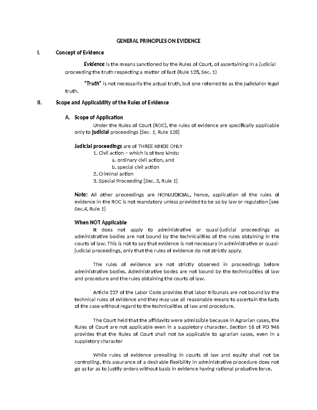 GENERAL PRINCIPLES ON EVIDENCE I: Scope, Applicability, and ...