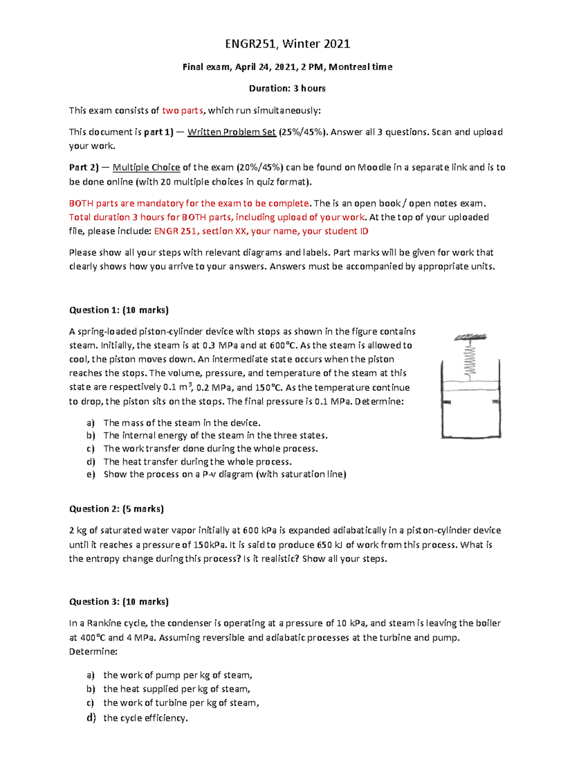ENGR251 Final Exam 2021 - Written Problem Set & Instructions - Studocu