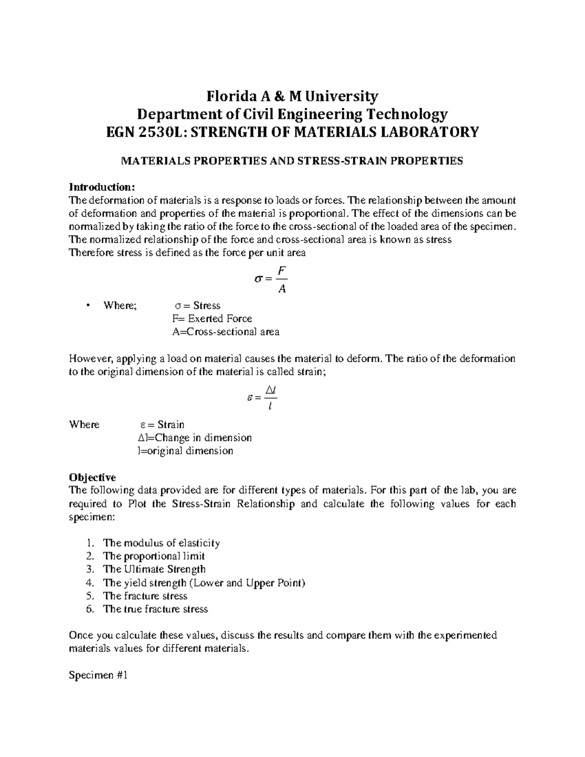 Lab #3-1 Materials Properties - Florida A & M University Department of ...