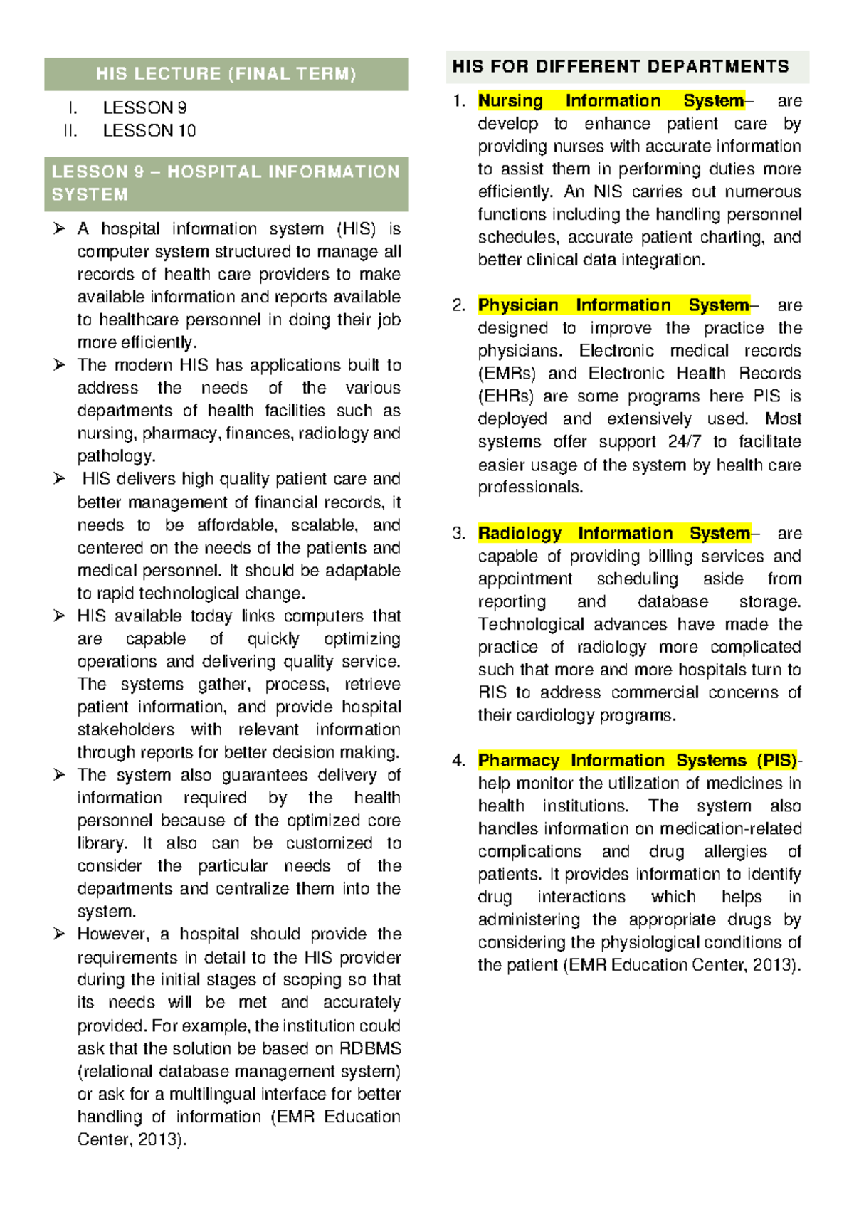 HIS 101: Final Term Lecture Notes on Hospital & Laboratory Information ...