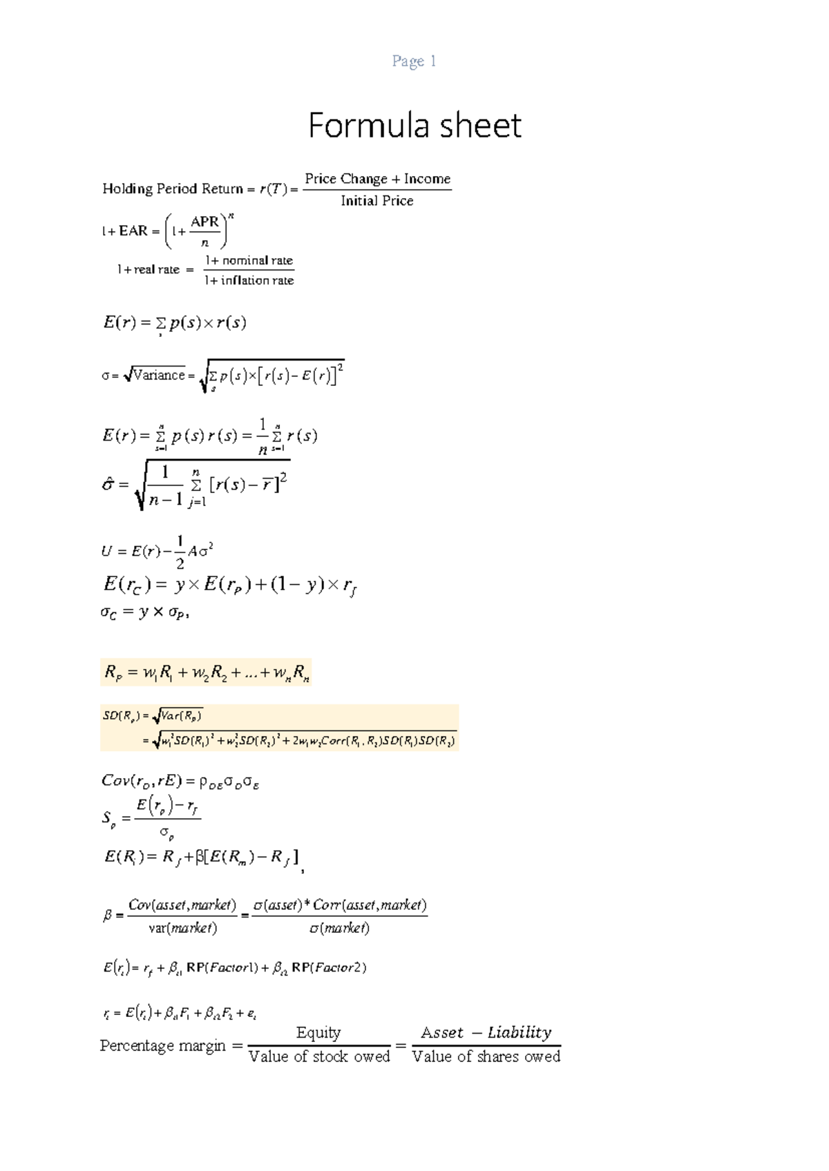 EF3320 Final Exam Formula Sheet: Holding Period Return & More - Studocu