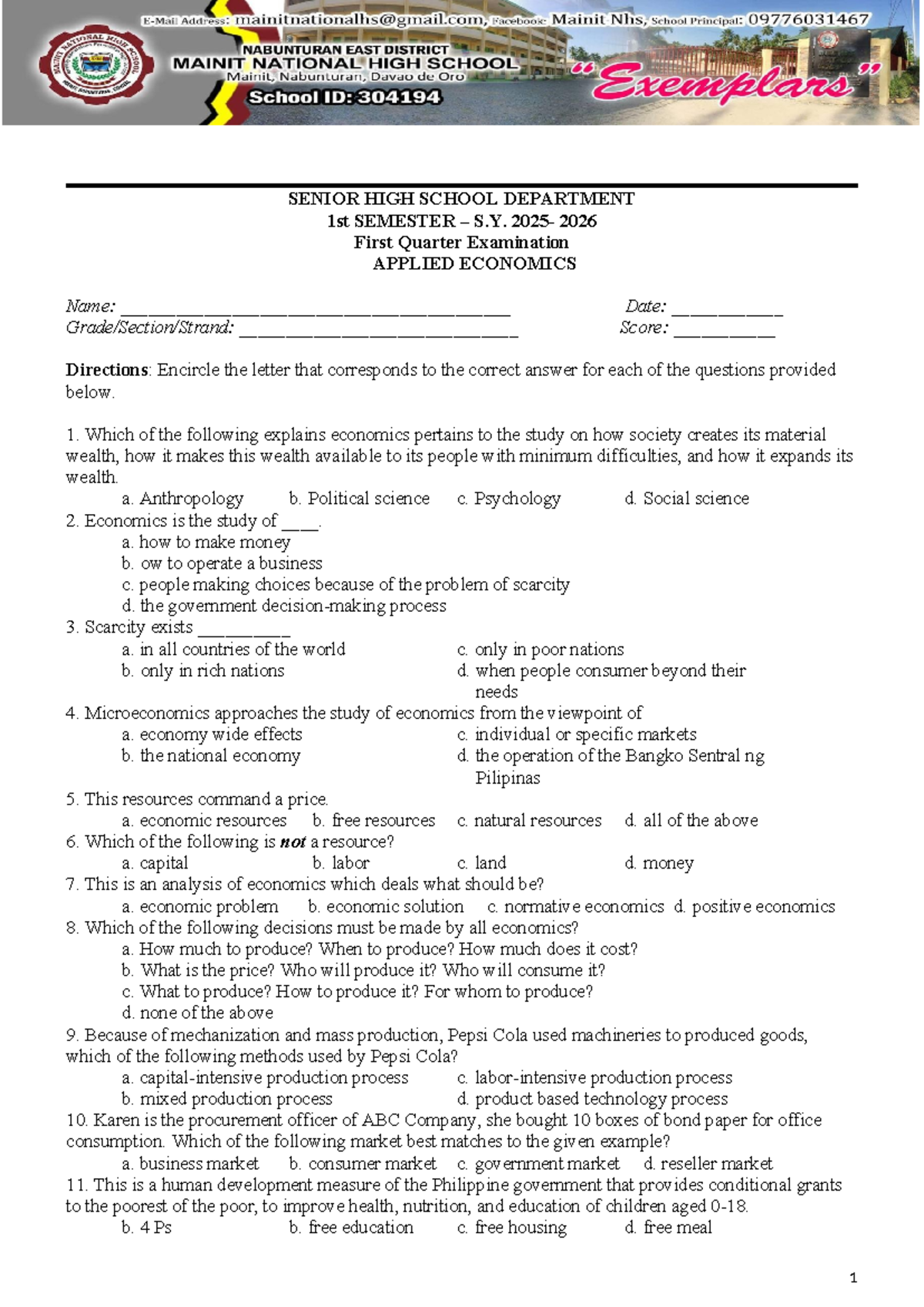 APPLIED ECONOMICS 1st SEMESTER S.Y. 2026 First Quarter EXAM - Studocu