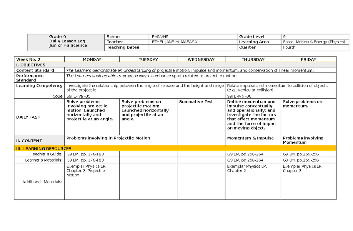 Grade 9 Science Daily Lesson Log: Week 2 - Force, Motion & Energy - Studocu