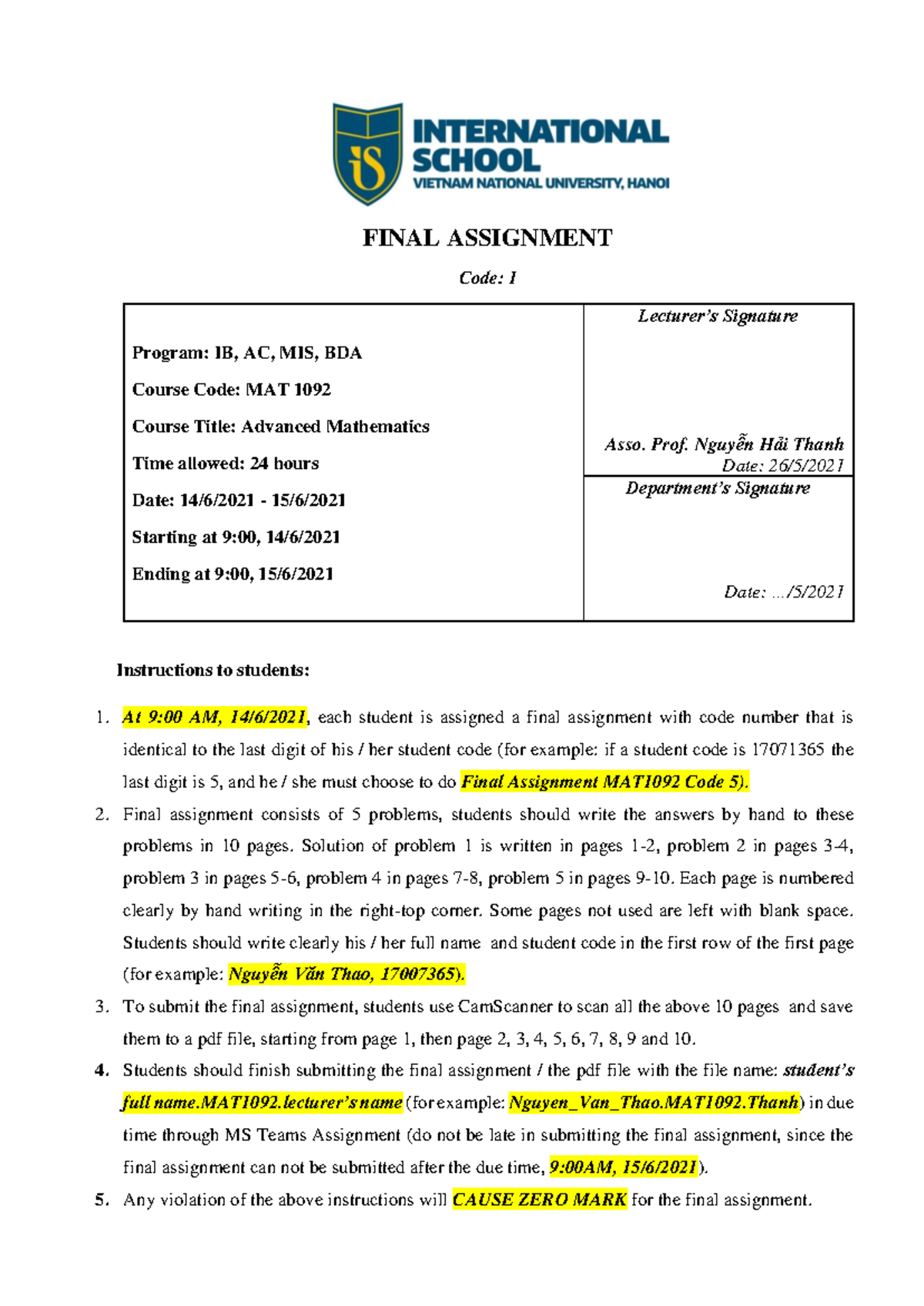 Final Assignment Instructions for MAT1092 Code 1 (2021) - Studocu